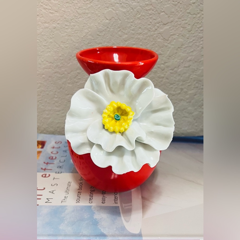 Anthropologie red/bright orange vase with 3D flower